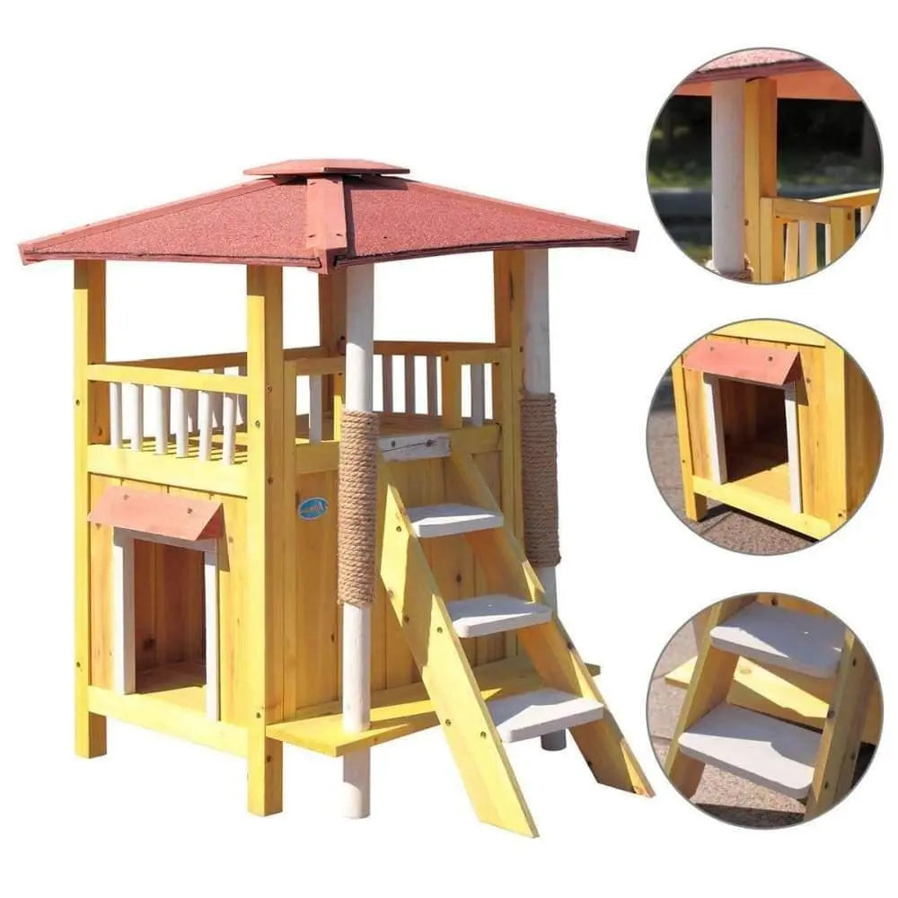 Waterproof Wooden 2 - Story Cat and Dog House with Ladder for Extra Activity Space