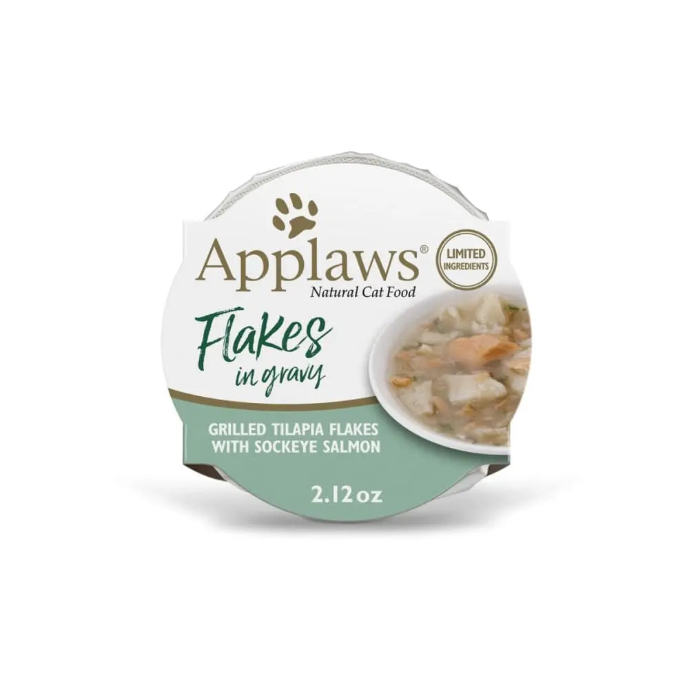 Applaws Premium Natural Wet Cat Food - 2.12oz Pot of Tilapia with Sockeye Salmon Flakes in Gravy, Pack of 18 Cans