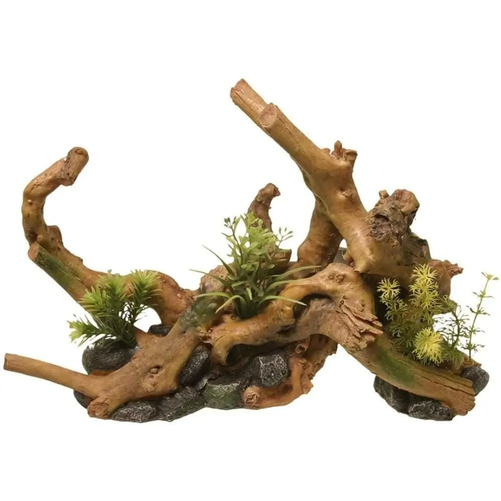 Blue Ribbon Artificial Driftwood Centerpiece with Lifelike Plants for Aquariums and Terrariums