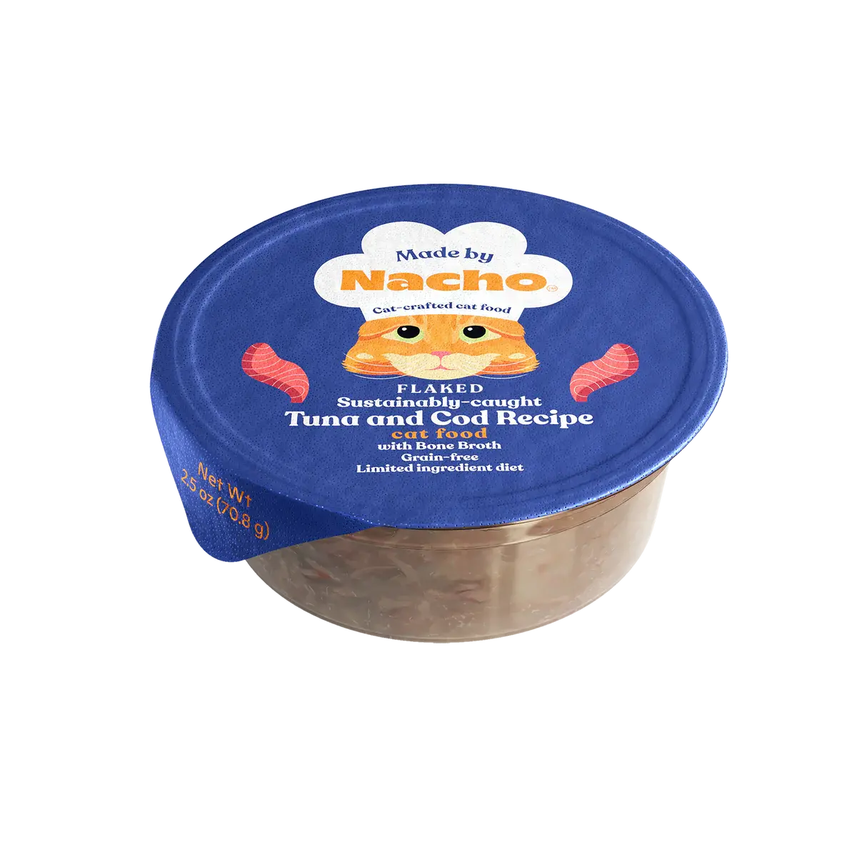 Nacho's Premium Grain-Free Wet Cat Food: A Sustainably Caught Diced Tuna and Cod Recipe with Nourishing Bone Broth, Pack of 10 Pouches, 2.5 oz Each