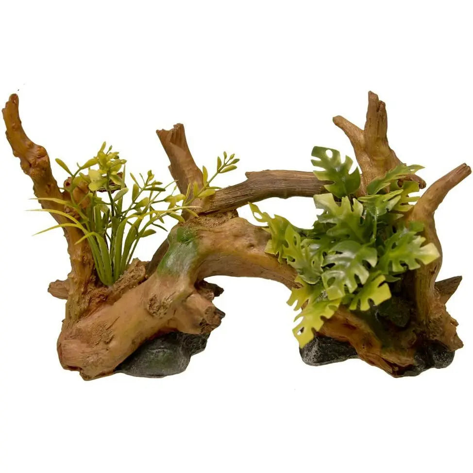 Blue Ribbon Artificial Driftwood Centerpiece with Lifelike Plants for Aquariums and Terrariums