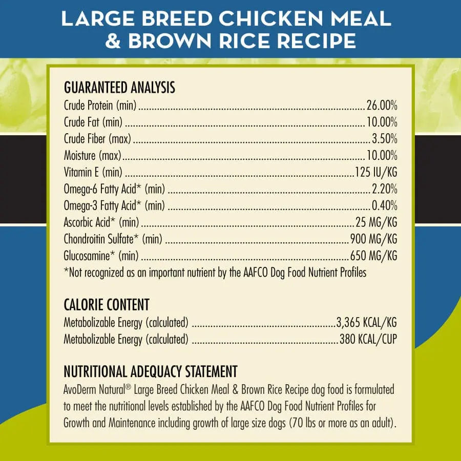 AvoDerm Premium Natural Chicken Meal and Brown Rice Formula Dry Dog Food Specially Designed for Large Breed Dogs