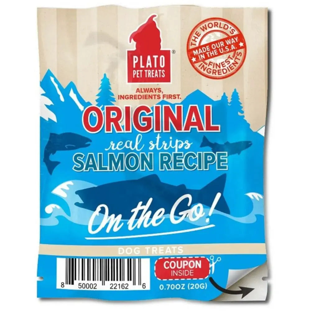 On - the - Move Plato Brand Real Salmon Strips Display Pack with 100 Pieces for Dogs