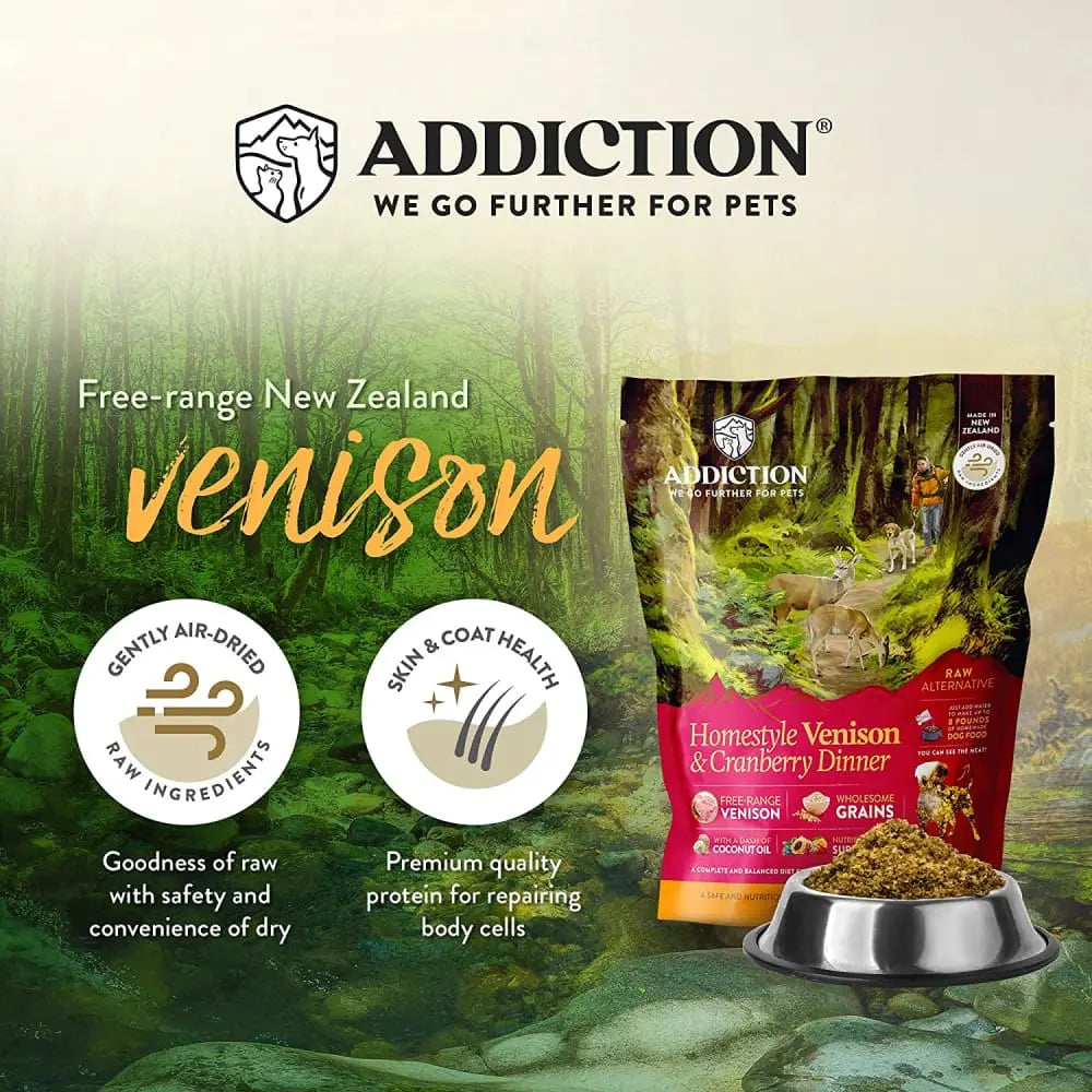 Addiction Homestyle Venison and Cranberry Dinner - An Air - Dried Raw Alternative Dog Food for Canines