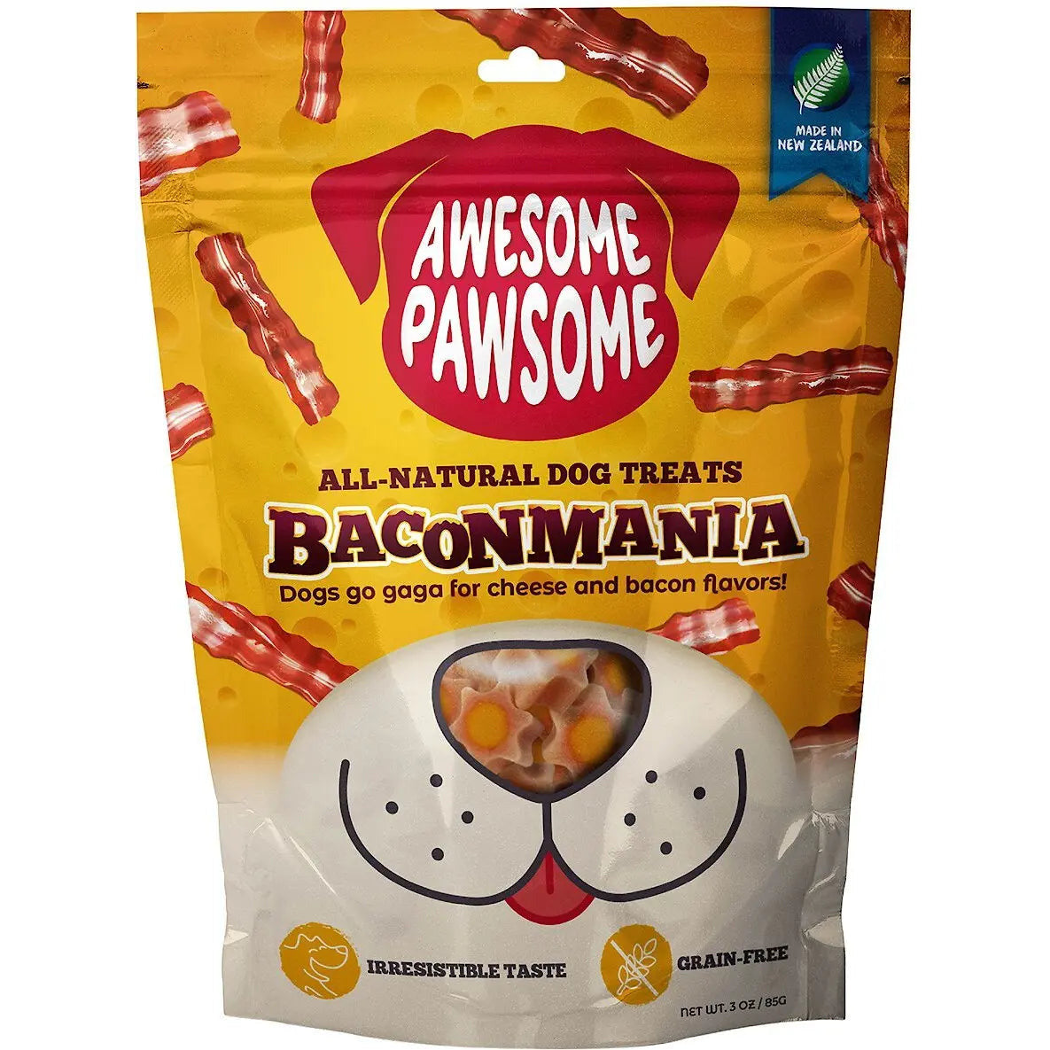 Delicious and Nutritious Bacon - flavored Dog Treats (3oz) - Awesome Pawsome Baconmania