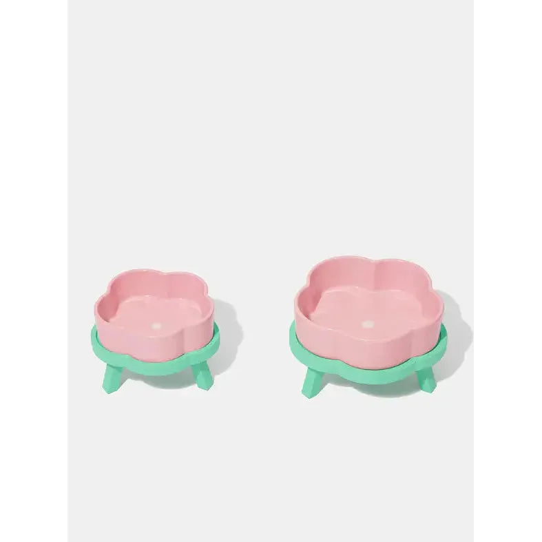 Vetreska Modern and Stylish Flora-Shape Ceramic Pet Bowl Set with Beechwood Stand