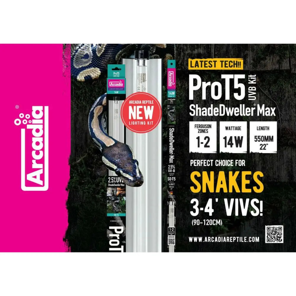 Arcadia Pro T5 ShadeDweller-Max 14W UVB Kit for Snake and Reptile Habitats