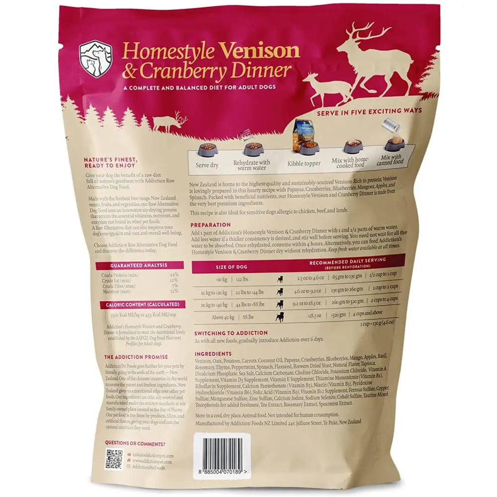 Addiction Homestyle Venison and Cranberry Dinner - An Air - Dried Raw Alternative Dog Food for Canines