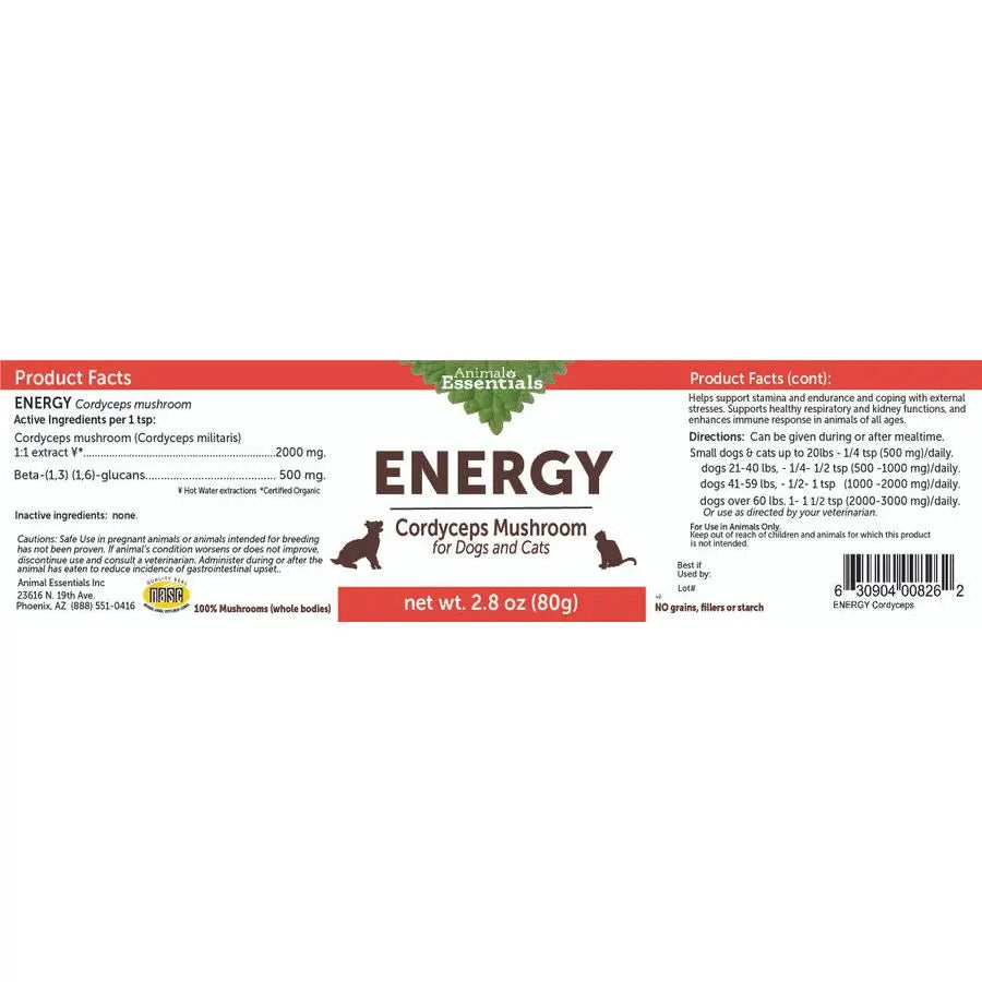 Animal Essentials Premium Energy-Boosting Cordyceps Mushroom Vitamin Supplement for Cats and Dogs