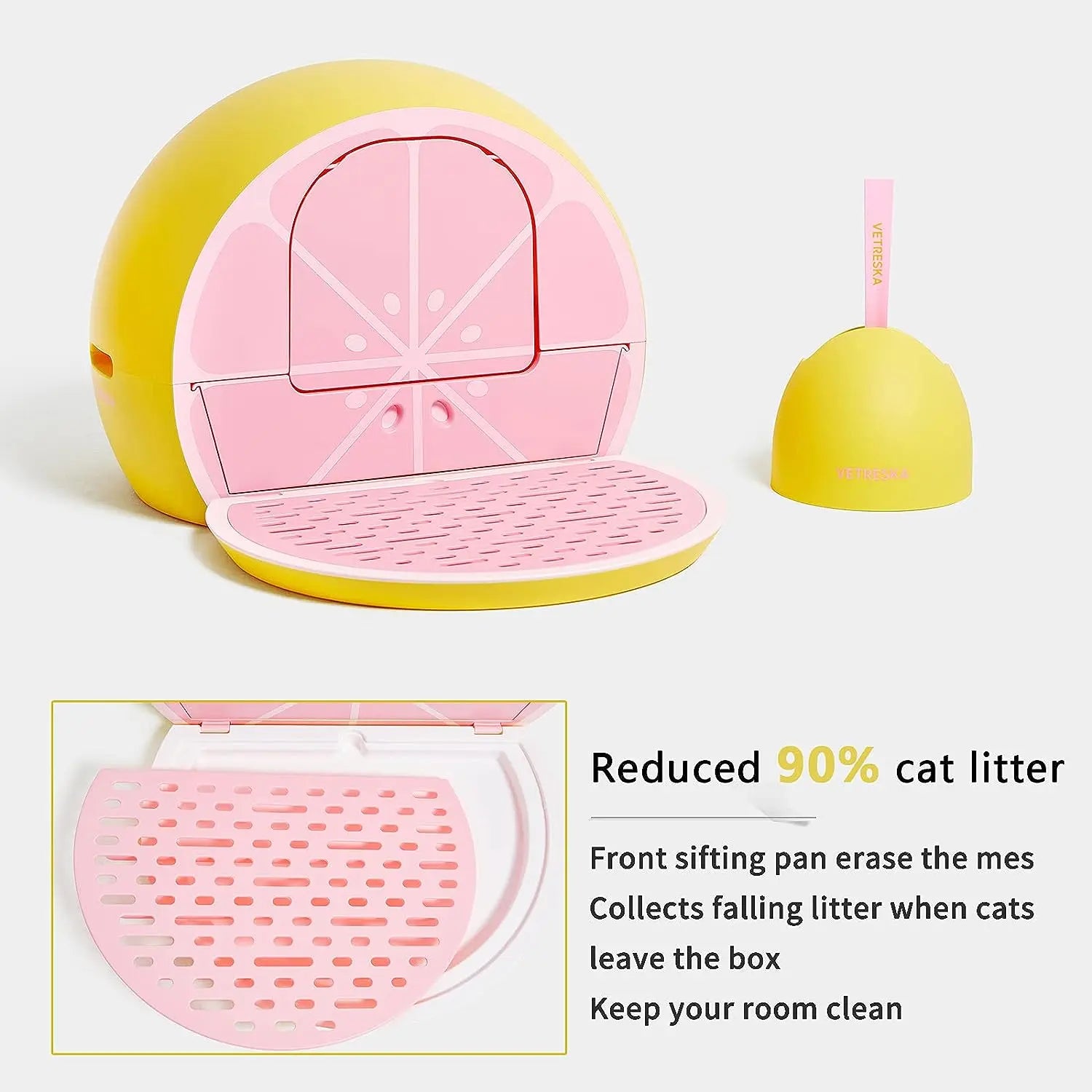 Vetreska Grapefruit-themed Odor Control Kitty Litter Box with Lid and Scoop Set for Feline Companions