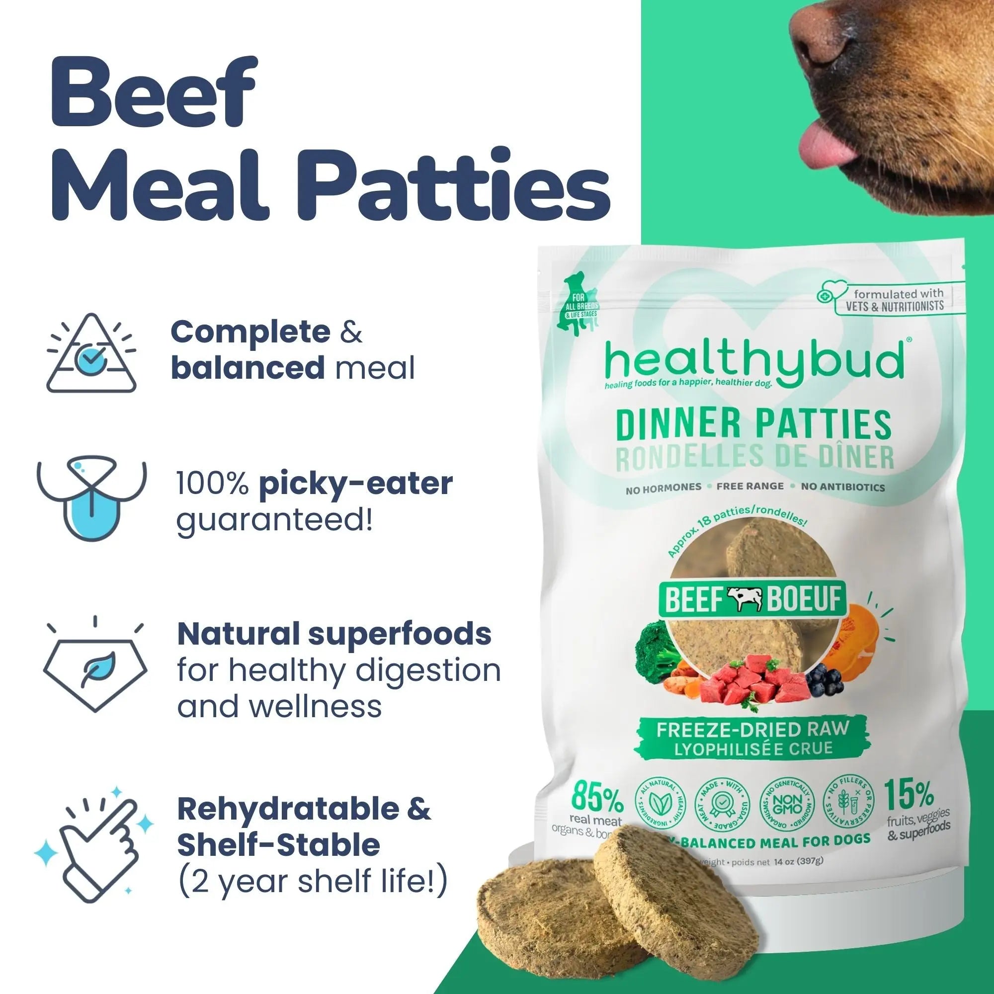 Healthybud Premium Freeze-Dried Beef Meal Patties Dog Food - 14 Ounce Package