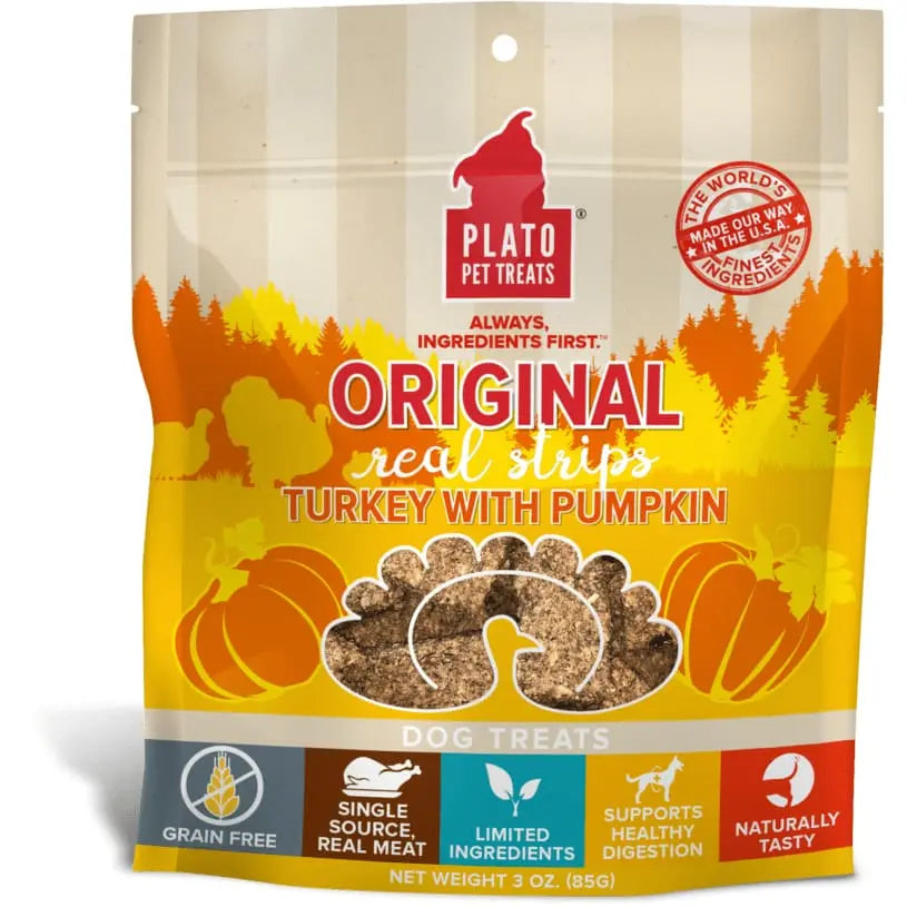 Plato's Premium Real Turkey & Pumpkin Strips Dog Treats