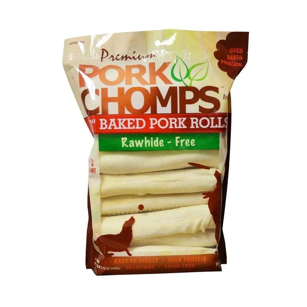 Pork Chomps™ 8-Inch Baked Pork Skin Roll Dog Treats - Pack of 18