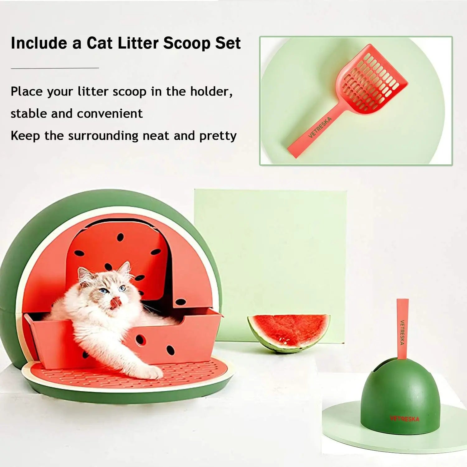 Vetreska Watermelon-Styled Odor-Controlling Kitty Litter Box with Lid and Scoop Set for Feline Companions
