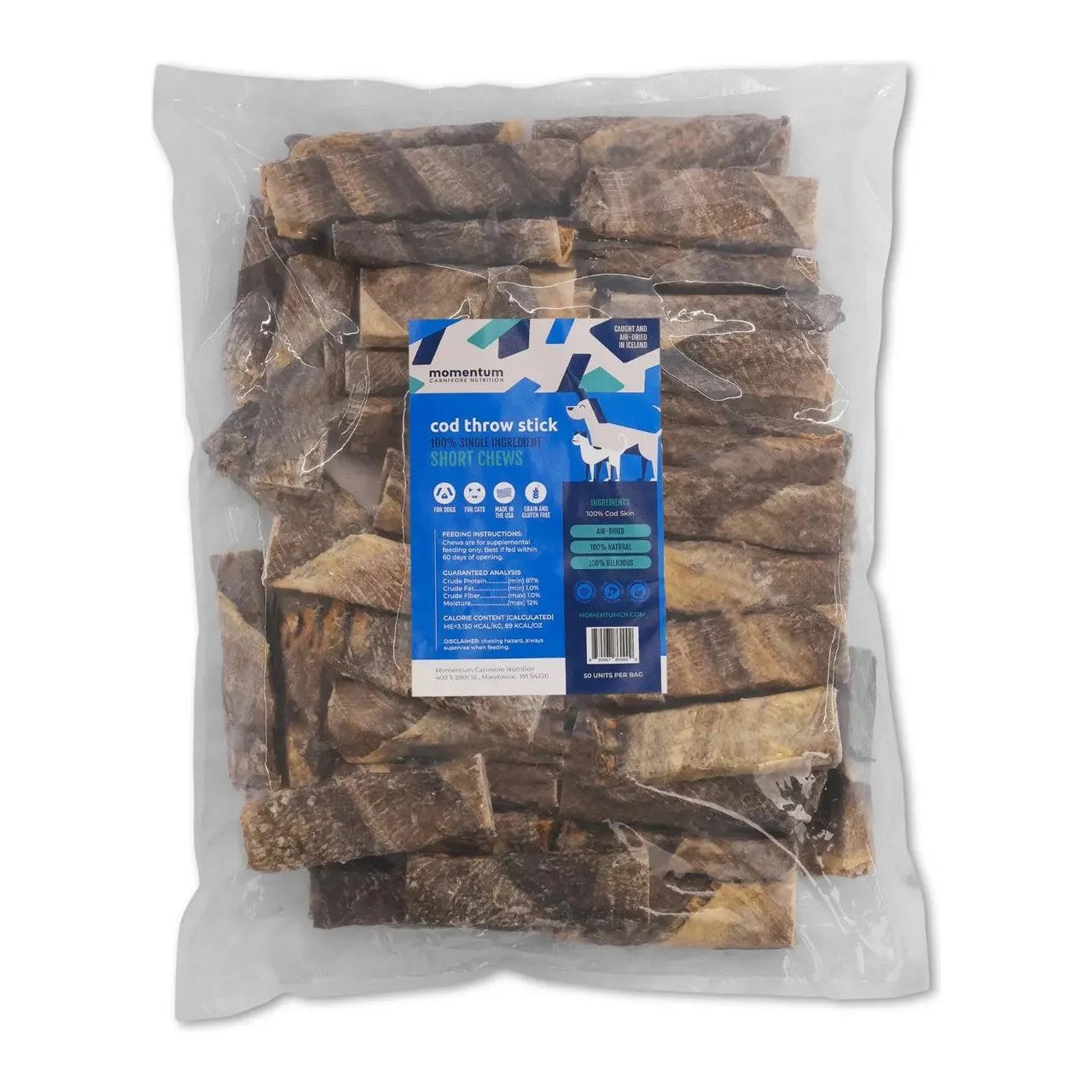 Momentum Carnivore Nutrition Wild-Caught Cod Throw Stick Dog Treats for Small to Medium Breeds