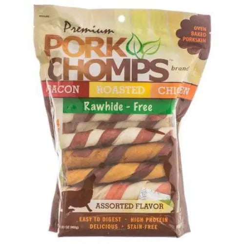 Premium Assorted Flavor Porkskin Dog Treats - Pork Chomps Twistz in Bacon, Roasted & Chicken Flavors
