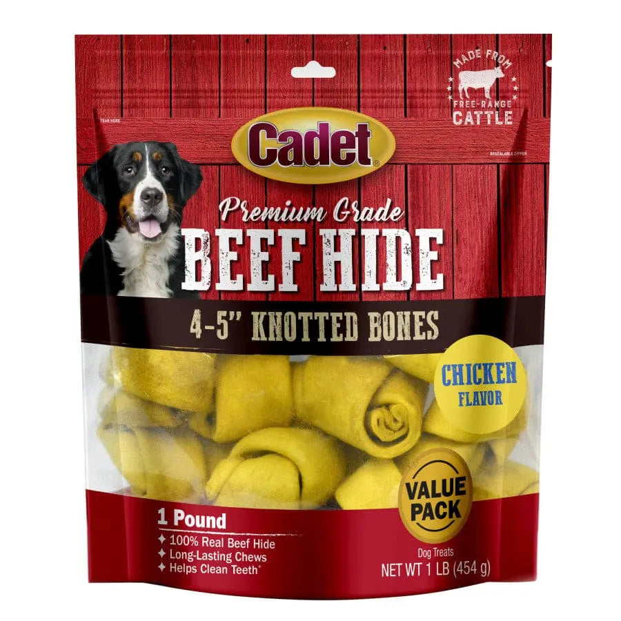 Cadet Premium Beef Hide Knotted Dog Chews, 4 - 5 Inches Long, 1 Pound Pack for Canine Enjoyment