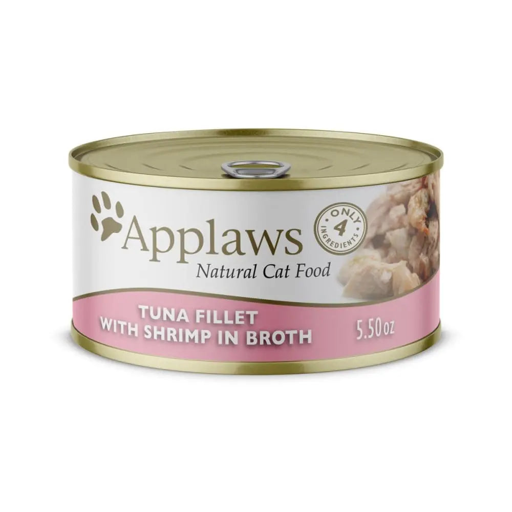 Applaws Premium Natural Wet Canned Cat Food - Tuna Fillets Combined with Shrimp in Broth, Pack of 24 Cans