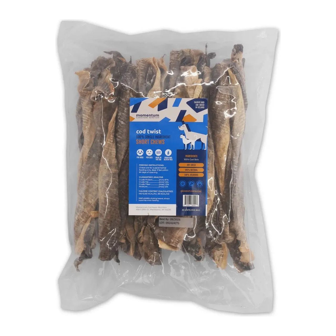 Momentum Carnivore Nutrition Premium Wild-Caught Cod Twists for Medium to Large Dogs