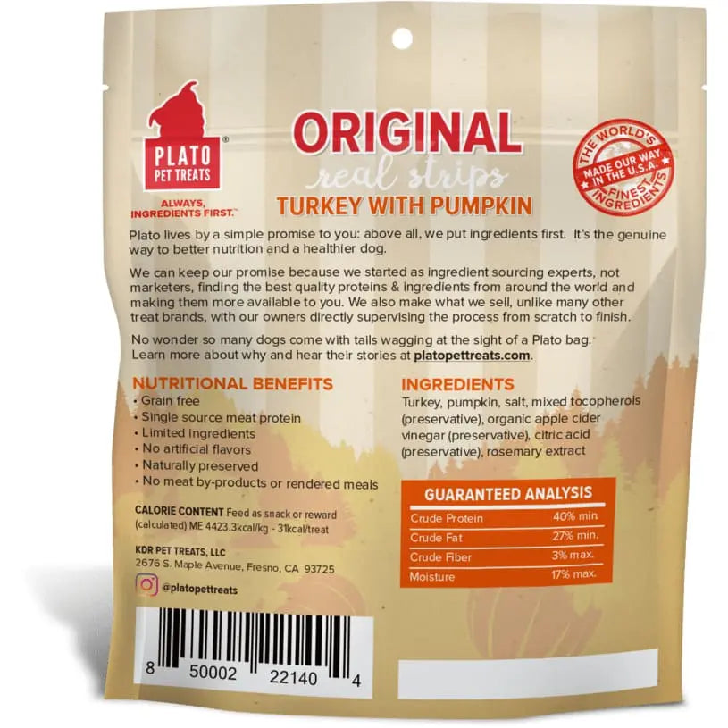 Plato's Premium Real Turkey & Pumpkin Strips Dog Treats