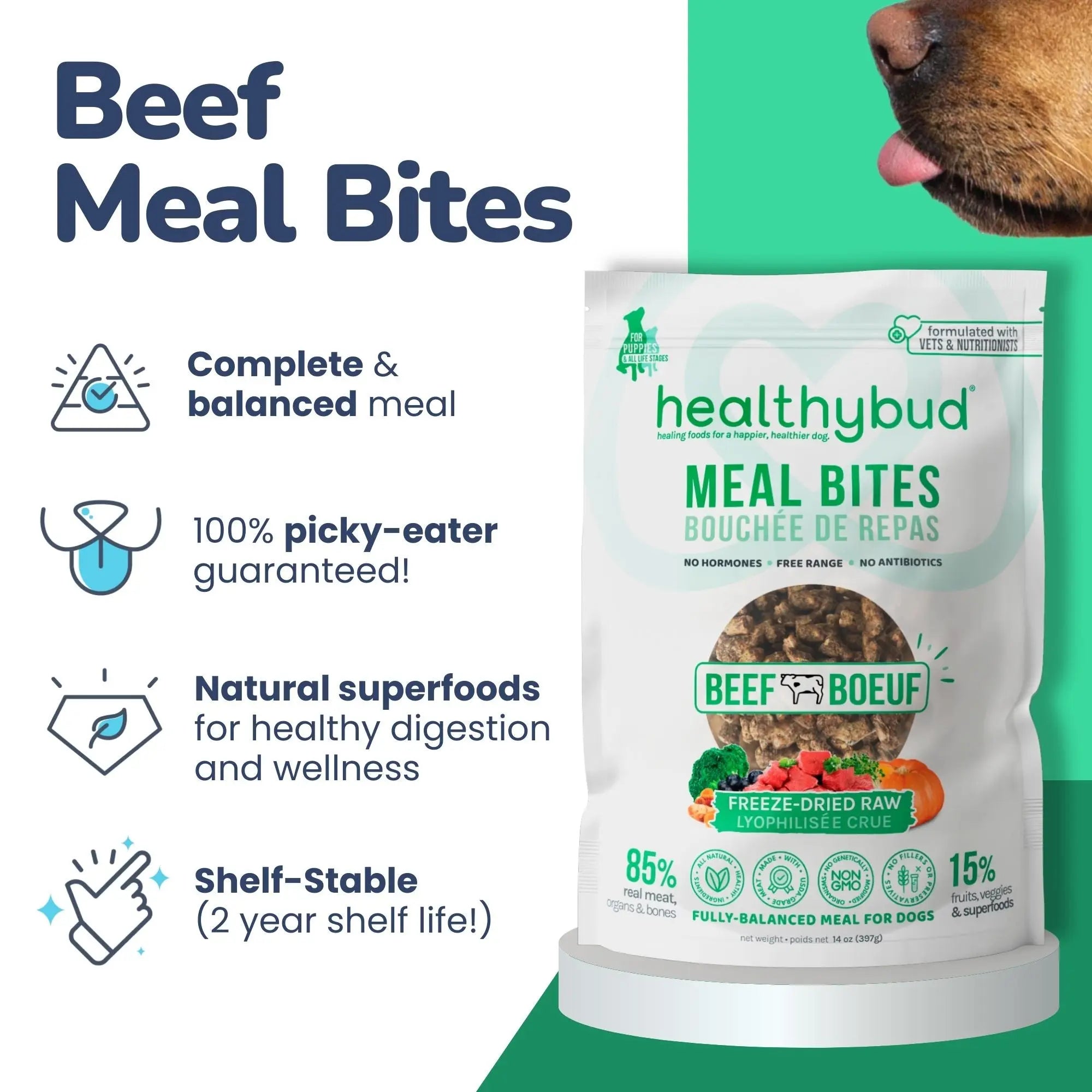 Healthybud Premium Freeze - Dried Beef Meal Bites Dog Food, 14 Ounce Pack
