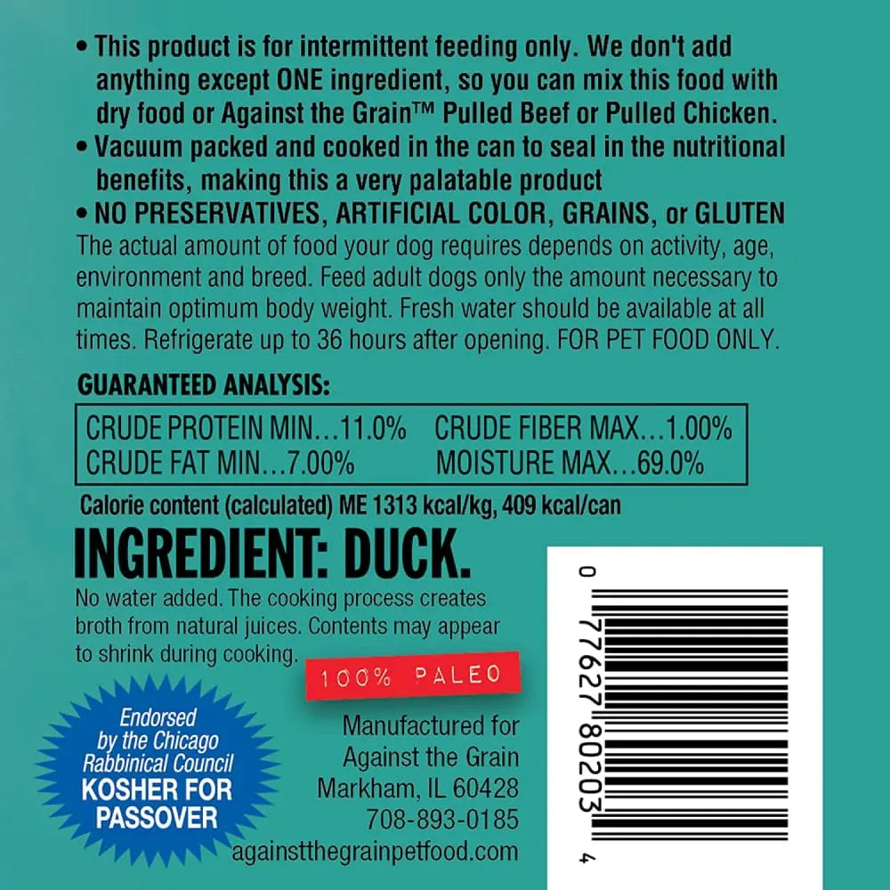 Against the Grain Single - Ingredient 11 - oz Duck Dog Food, 12 - Pack Case