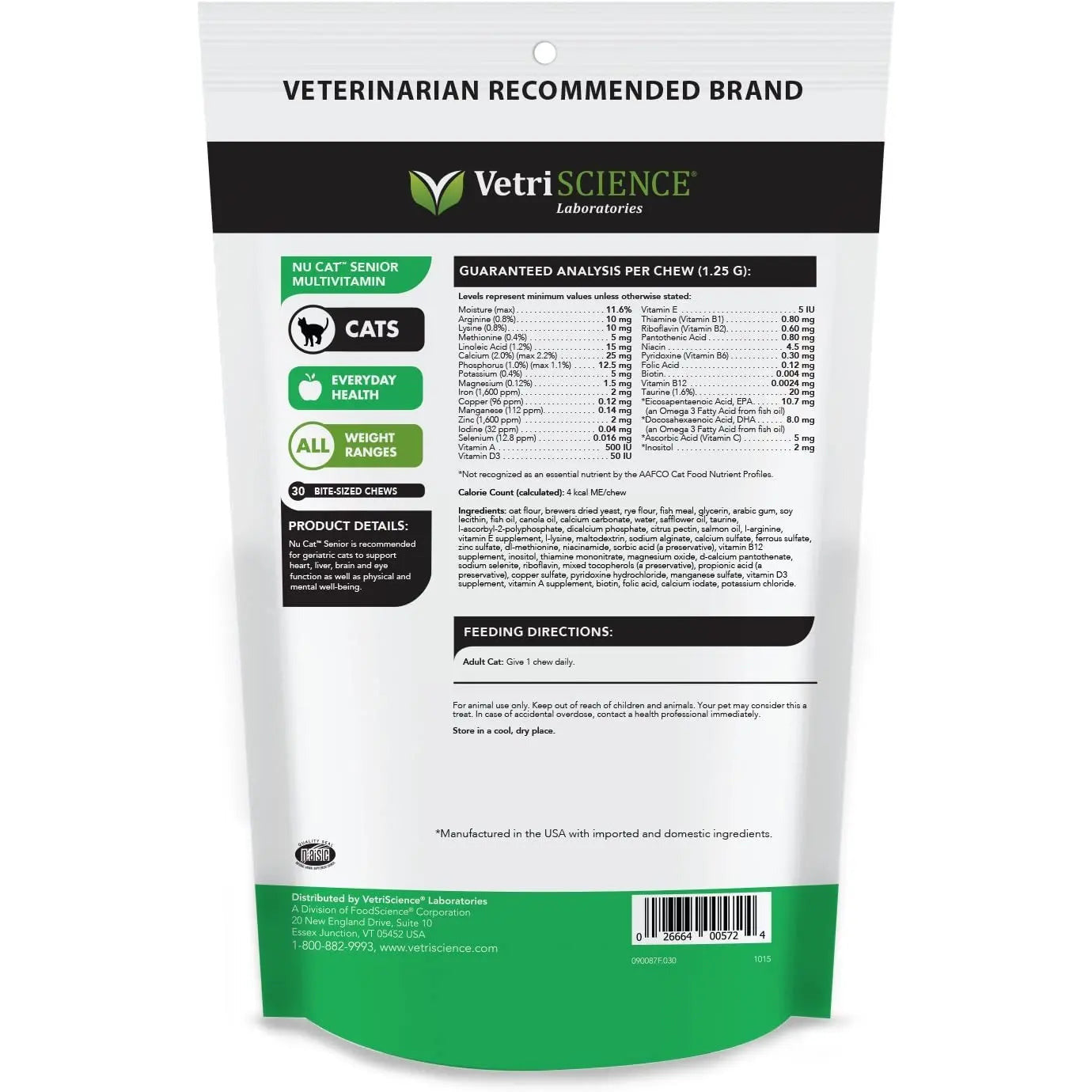 Vetri-Science Laboratories NuCat Senior Multivitamin Chews for Older Cats - 30 Count Pack
