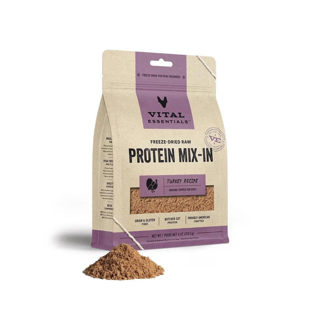 Vital Essentials® Premium Freeze-Dried Raw Turkey Protein Ground Mix-In Topper for Canine Meals, 6 Oz