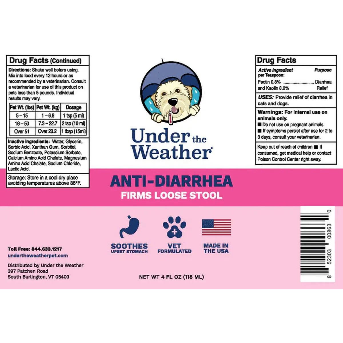 4oz Under the Weather Vet-Formulated Anti-Diarrhea Liquid for Dogs