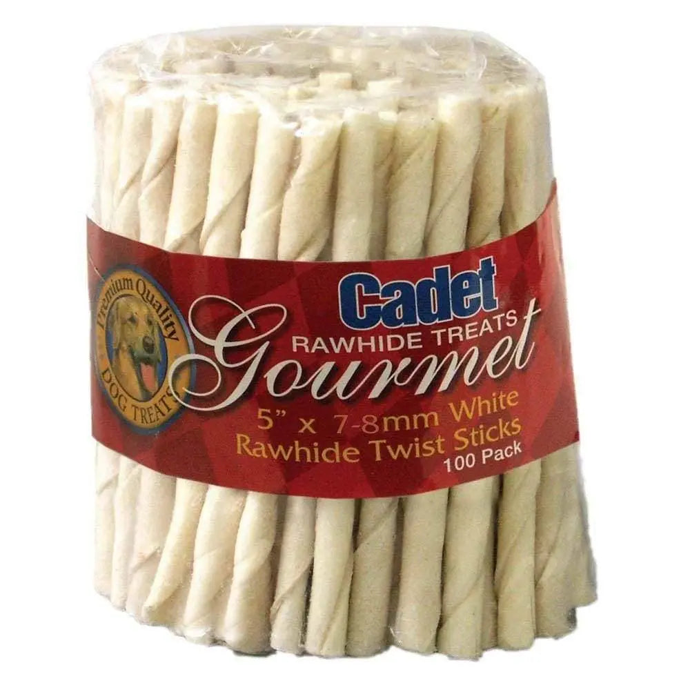 Cadet® Premium White Rawhide Twist Dog Treat Sticks, 5-Inch Length, 7 - 8 MM Thickness, Pack of 100