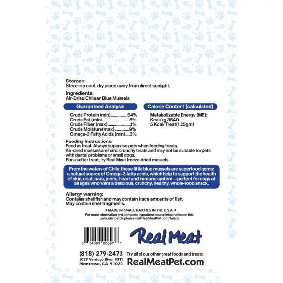 The Real Meat Company Premium Air - Dried Chilean Blue Mussels Crunchy Treats for Dogs, 5 Ounce Package