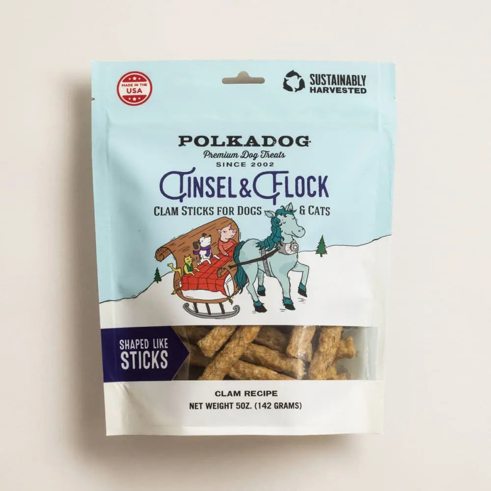 Polka Dog Holiday Pouch: 5oz All - Natural Tinsel & Flock Cat and Dog Treats in Clam Shape