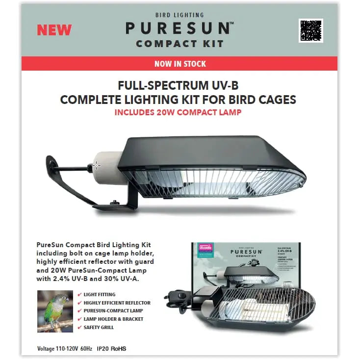 Arcadia Bird's High - performance PureSun Compact Kit UVB Lighting System for Small to Medium Bird Cages