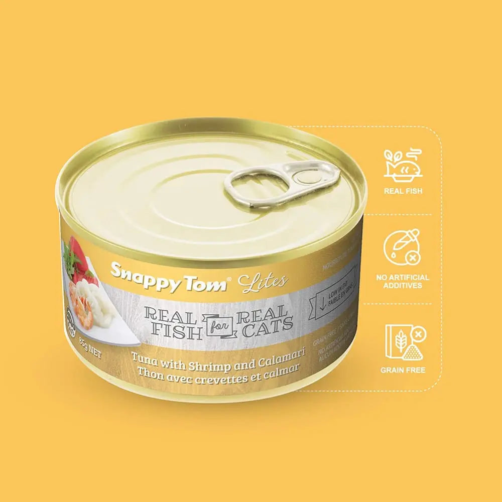 Snappy Tom Lite Canned Cat Food with Tuna, Shrimp, and Calamari - Ideal for Feline Nutrition