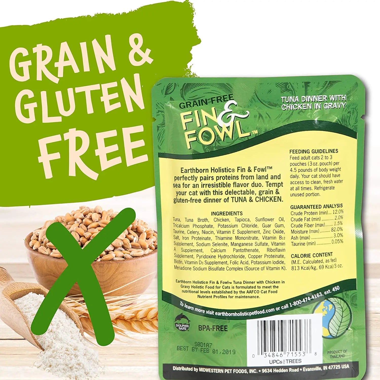 Earthborn Holistic Grain-Free Fin and Fowl Wet Canned Cat Food - Pack of 24 Pouches, Each 3 Ounces