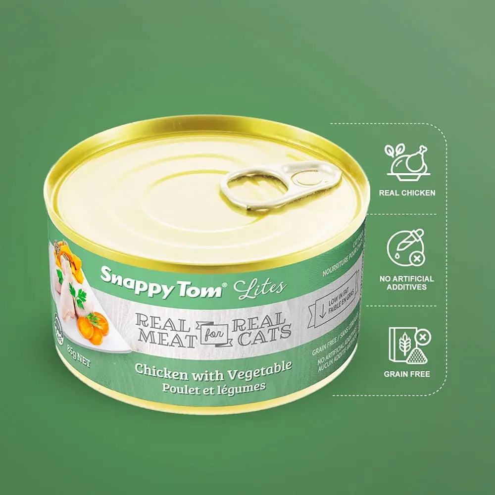 Snappy Tom Lite Canned Cat Food - 24 Cans of 3oz Chicken with Vegetables