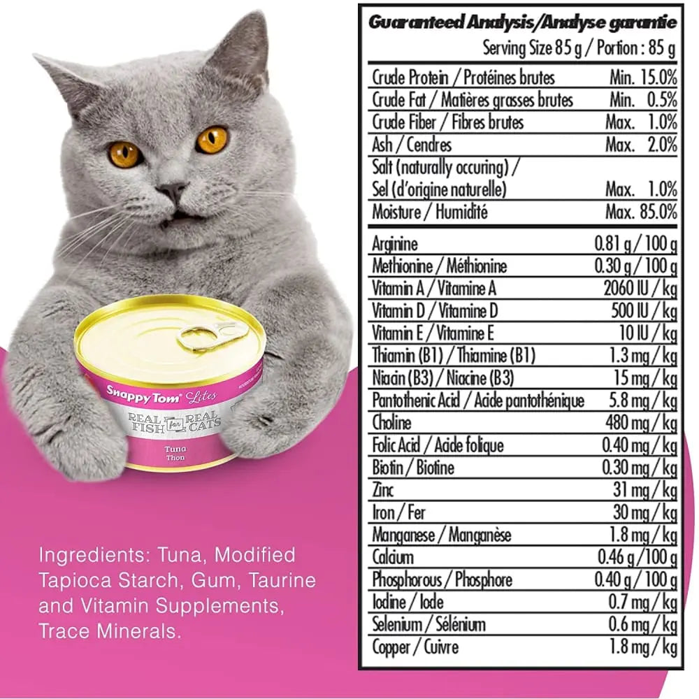 Snappy Tom Lite Tuna Flavored Canned Cat Food, 24 Cans of 3oz Each