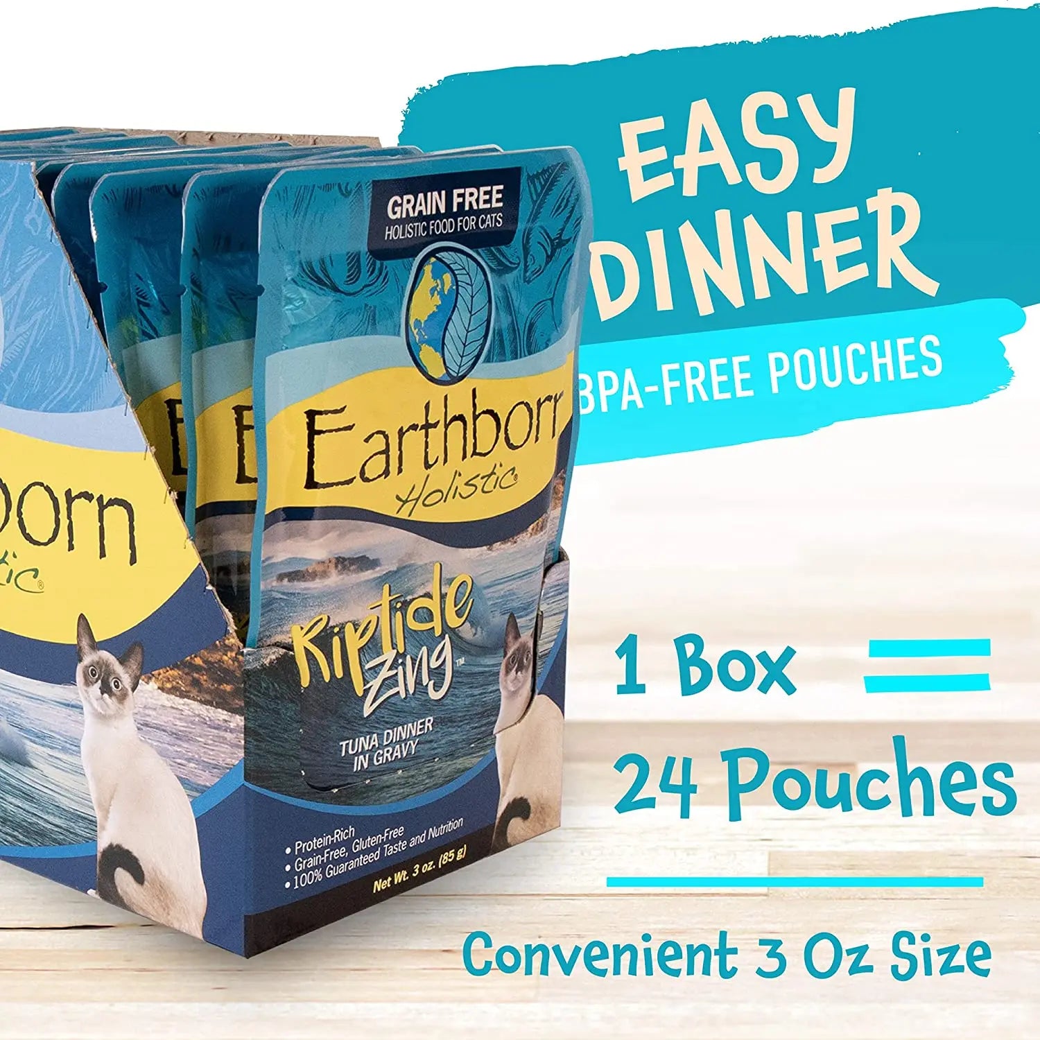 Earthborn Holistic Grain-Free Wet Cat Food - Riptide Zing Tuna Dinner in Gravy, 24 Pouches of 3 Ounces Each