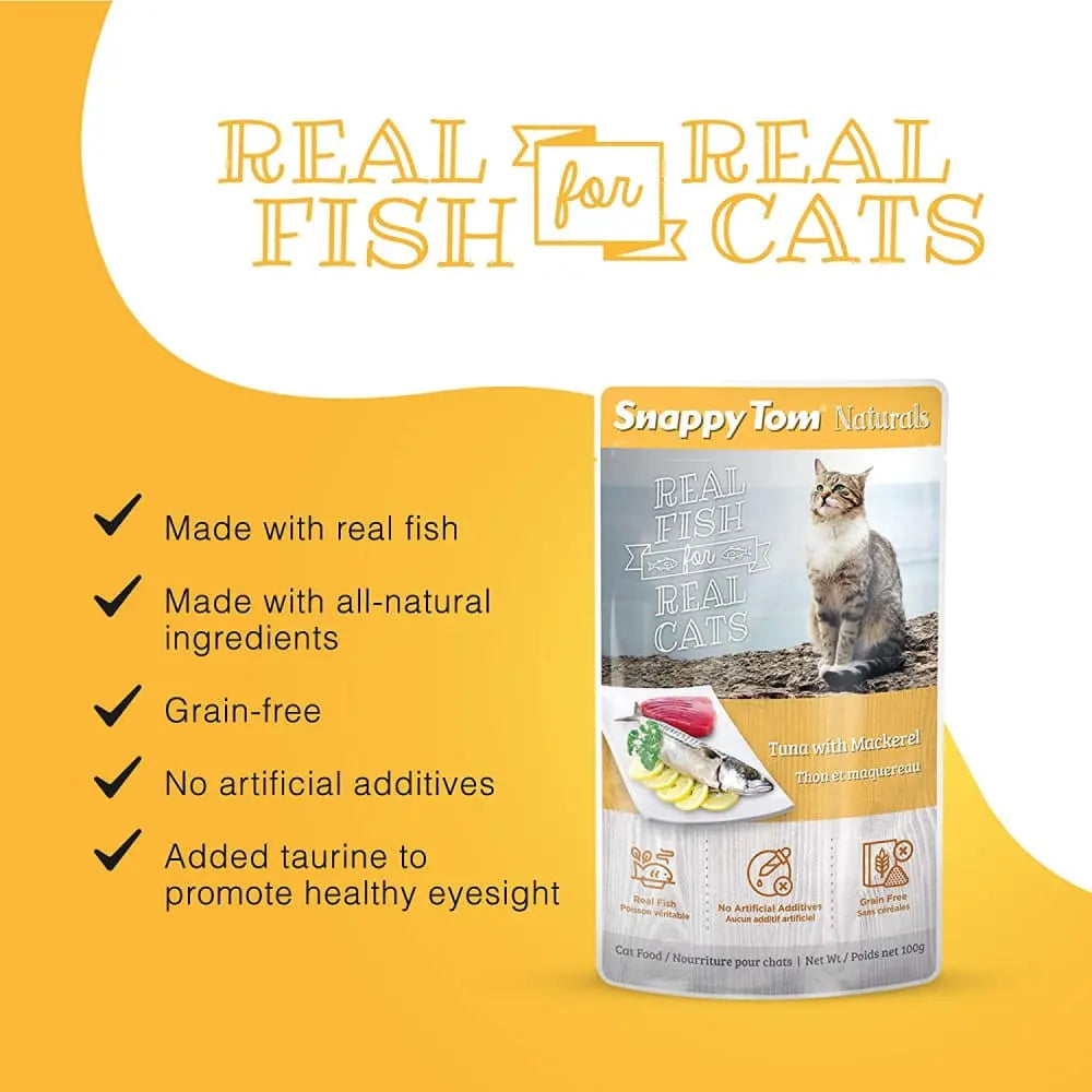 Snappy Tom Naturals Premium Wet Cat Food: Tuna Combined with Mackerel, Pack of 12 Pouches, Each 3.5 Ounces