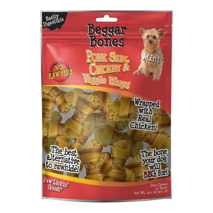 Delicious Savory Prime Beggar Bones Dog Treats: Pork Skin, Chicken, and Vegetable Wraps