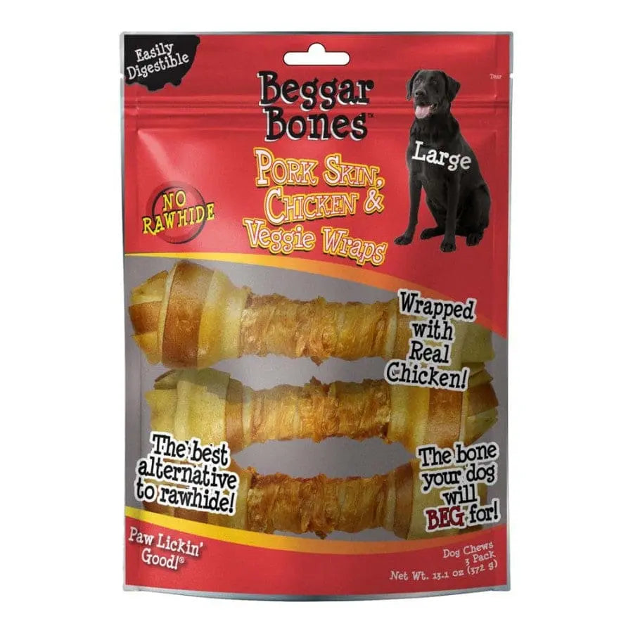 Delicious Savory Prime Beggar Bones Dog Treats: Pork Skin, Chicken, and Vegetable Wraps