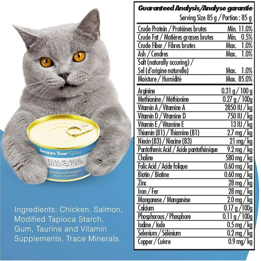 Snappy Tom Lites Canned Cat Food - 24 Cans of 3oz Chicken with Salmon for Feline Delight
