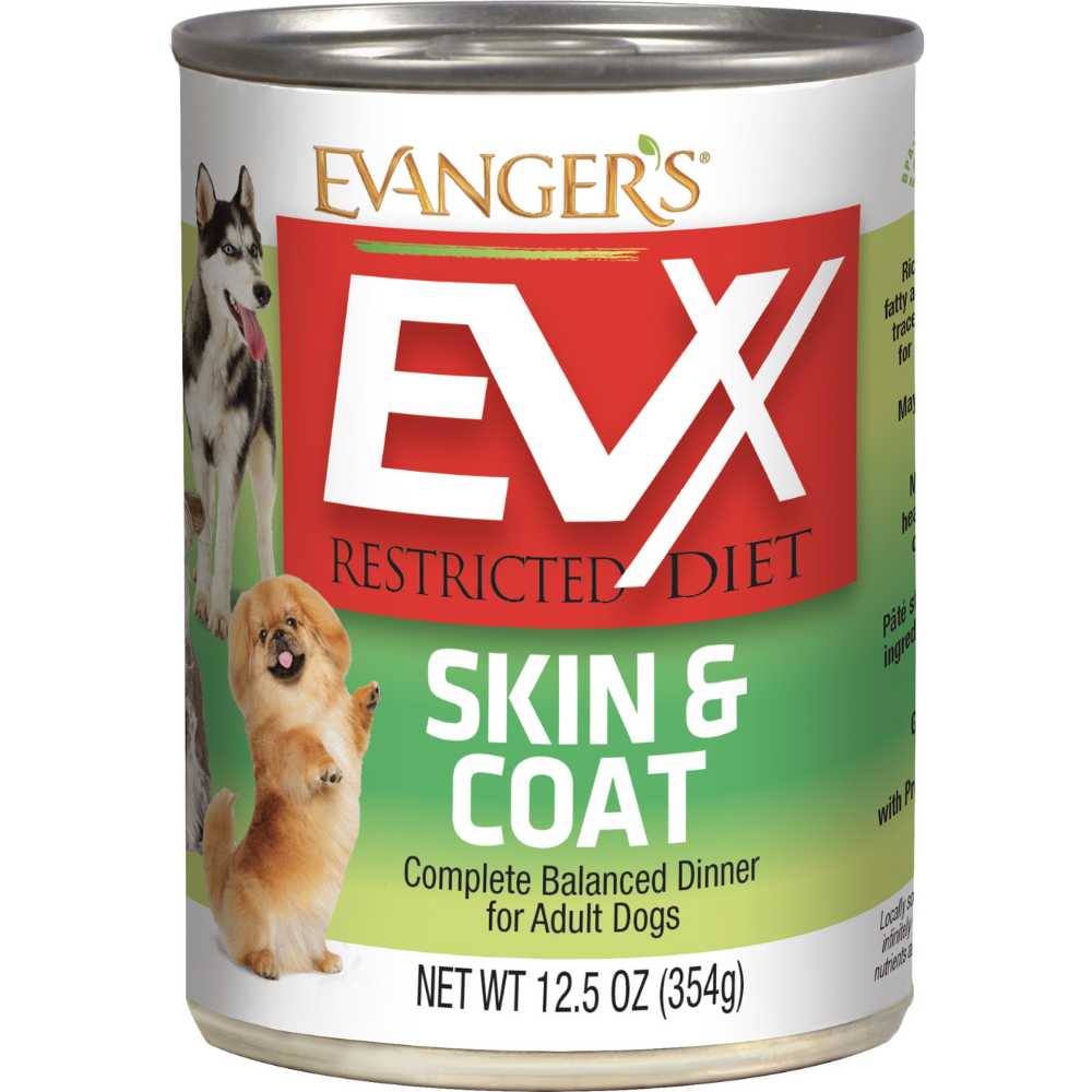 Evanger's EVX Skin & Coat Formula Restricted Diet Premium Wet Dog Food Pack of 12 Cans, Each 12.5 Ounces