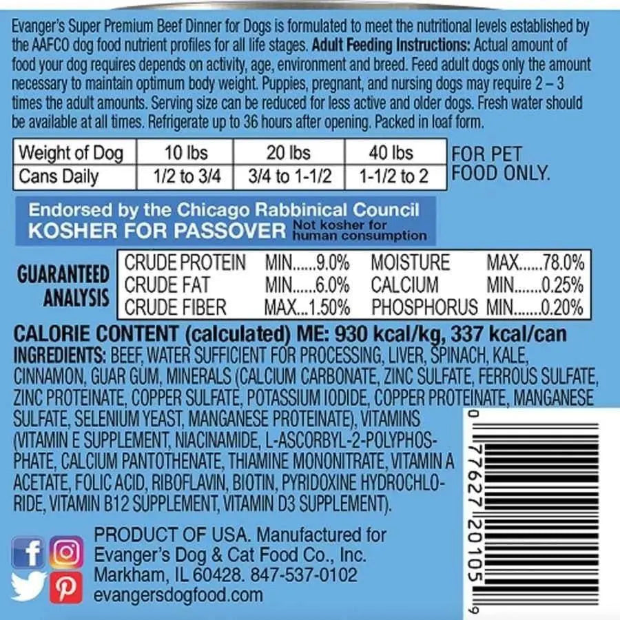 Evanger's Super Premium Canned Dog Food - Beef Dinner, Pack of 12 Cans, Each 12.8 Ounces