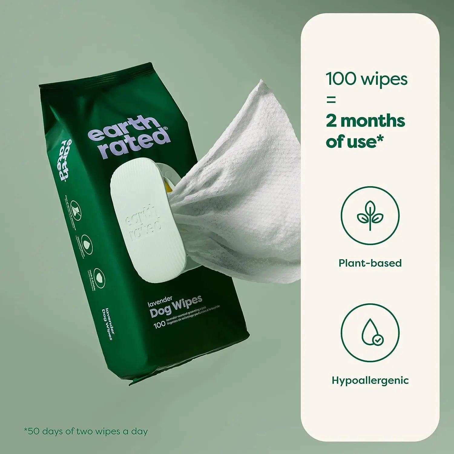 Earth Rated 100-Count Plant-Based Dog Grooming Wipes for Daily Pet Care
