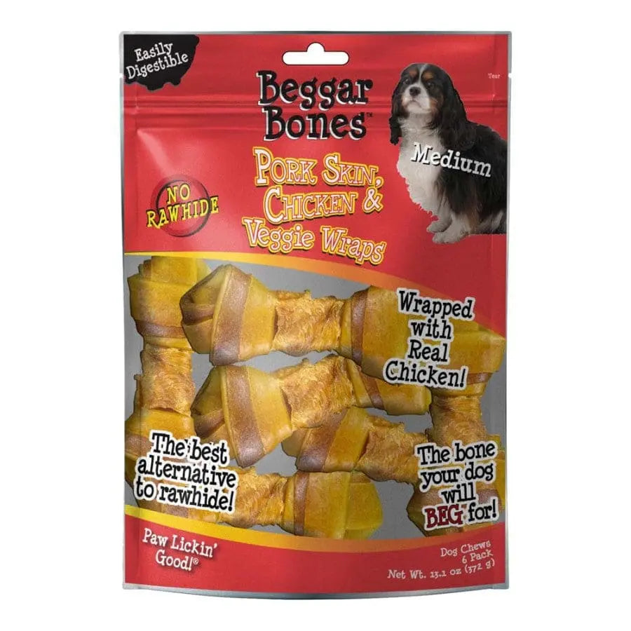 Delicious Savory Prime Beggar Bones Dog Treats: Pork Skin, Chicken, and Vegetable Wraps