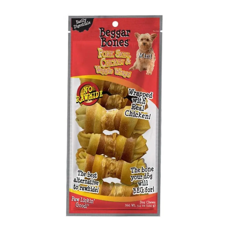Delicious Savory Prime Beggar Bones Dog Treats: Pork Skin, Chicken, and Vegetable Wraps