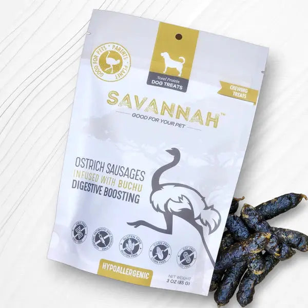 Savannah Hypoallergenic Ostrich Sausage Dog Treats with Digestive - Boosting Buchu