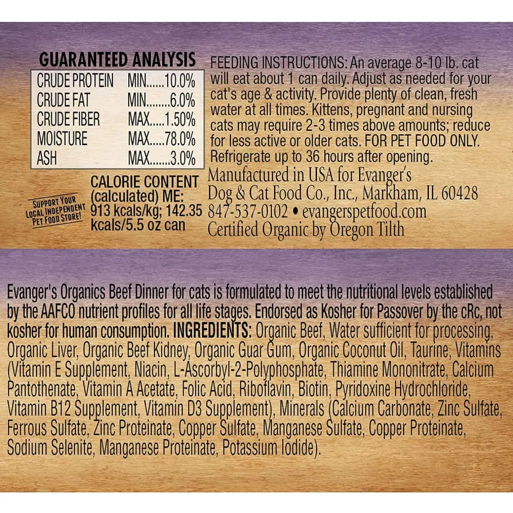 Evanger's Organic Grain-Free Canned Beef Dinner Cat Food for All Life Stages