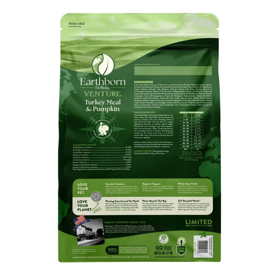 Earthborn Holistic High - Quality Grain - Free Turkey Meal & Pumpkin Dry Dog Food for All Life Stages